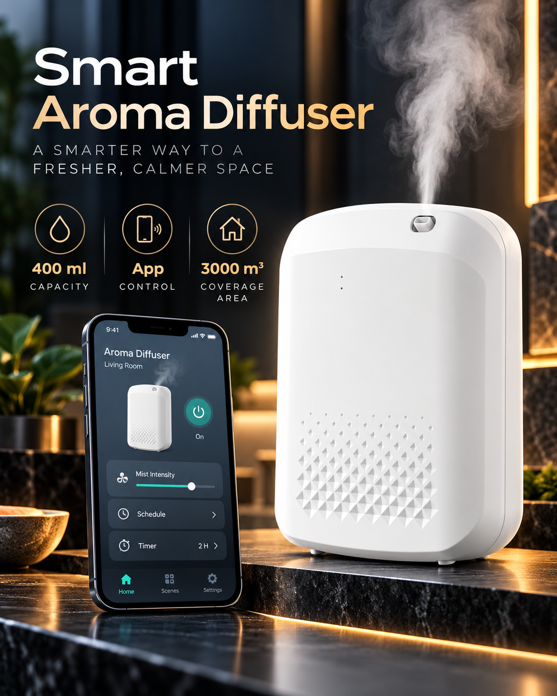 Home Scent Bundle (1 Smart Car Diffuser, 1 Smart Aroma Diffuser 400 ml, 1 Premium Scent Oil 500 ml - Night Life Miami)